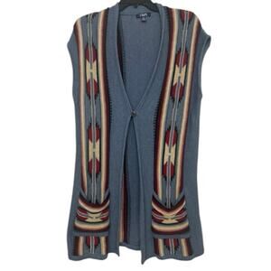 Chaps Blue Southwestern Knit Longline Single Button Sweater Vest L Western Boho
